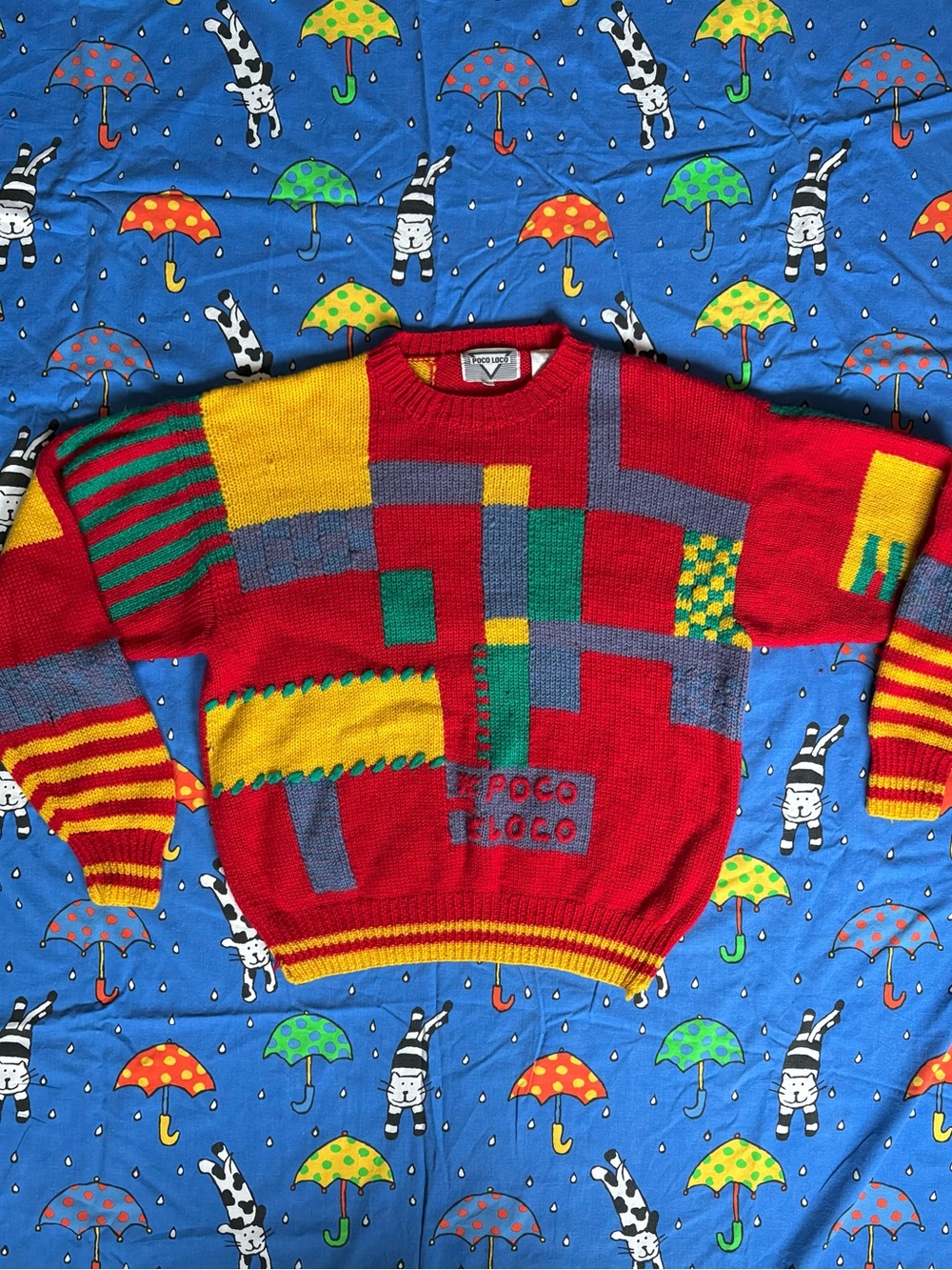 Vintage Colourful Abstract Funky Knit Sweater with Colourblock Checker Stripes